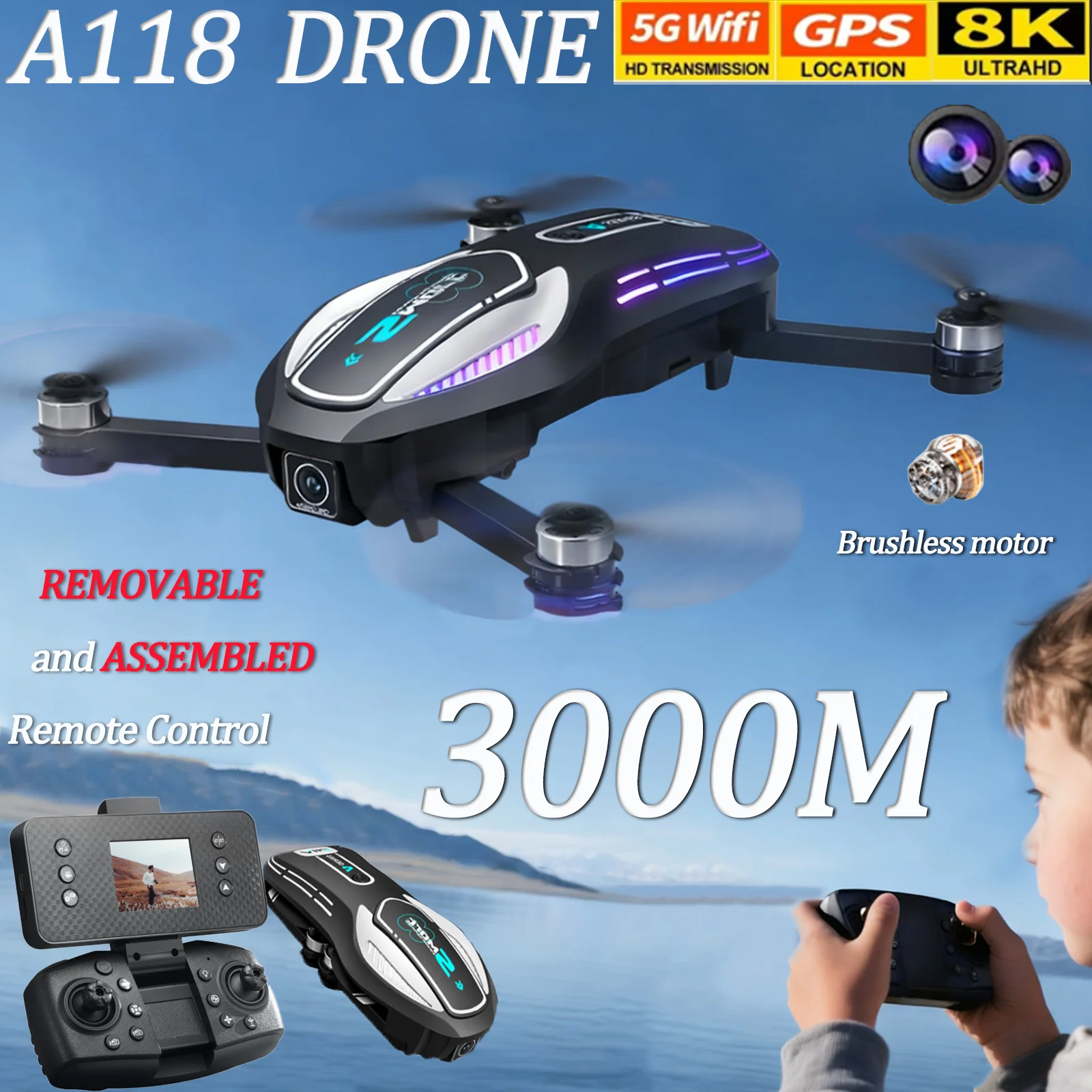 

A118 Дрон 8K с двойной камерой HD Квадрокоптер с дистанционным управлением и предотвращением препятствий Профессиональная аэрофотосъемка RC Дрон Детская игрушка