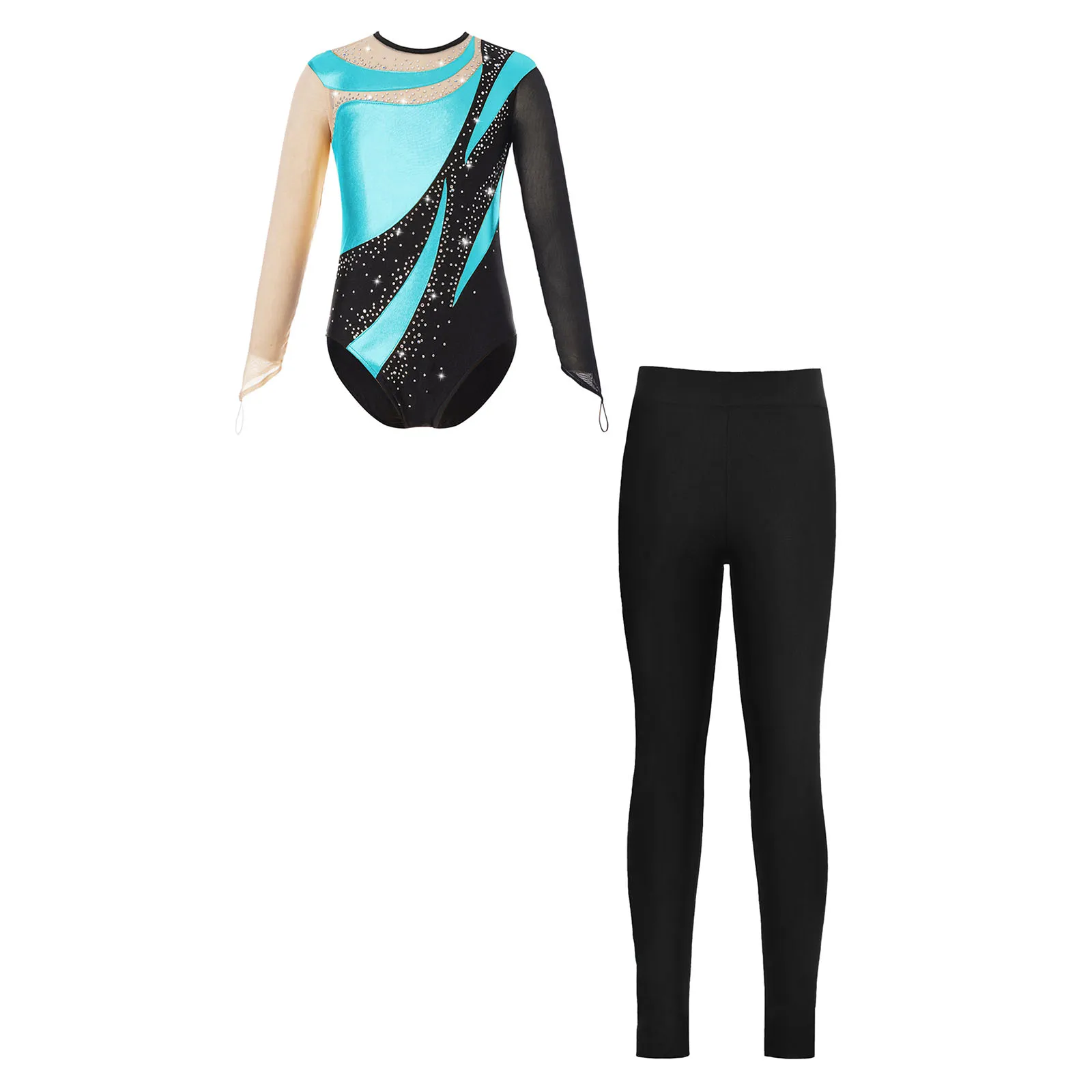 Mono de gimnasia con Leggings para niñas, leotardos de baile de Ballet, conjuntos de ropa de baile, mono de patinaje de manga larga con diamantes de imitación para niños