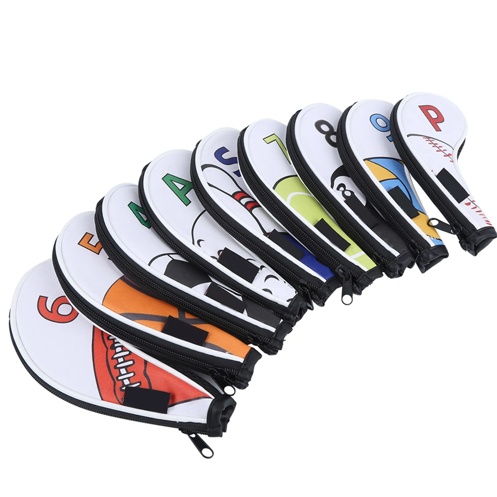 9Pcs Golf Iron Head Covers Sleeve Digital Zipper Sport Pattern Protective PU Waterproof