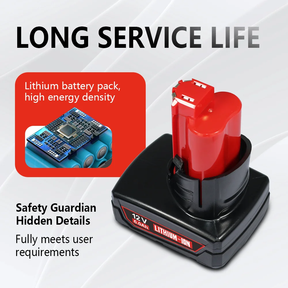 Baterie 3,0–6,0 Ah 12 V pro Milwaukee M12 XC 48-11-2410 48-11-2420 48-11-2411, náhrada za elektrické nářadí M12, lithium-iontová baterie - náhled 6