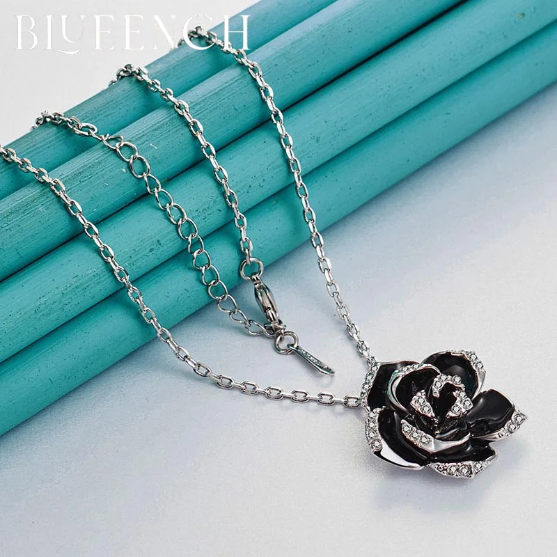 

Blueench 925 Sterling Silver Black Flower Zircon Pendant Necklace Women Proposal Wedding Party Fashion Jewelry