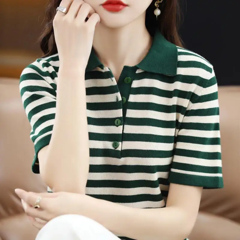 Summer Women Knit Striped T-shirt Koreon Fashion Polo Shirts Short Sleeve Female Clothing Loose All-match Vintage Pullover Tops