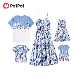 Patpat Familie passende Outfits Allover Leaf Print Naia Cami Kleider und Kurzarm Color block T-Shirts Sets