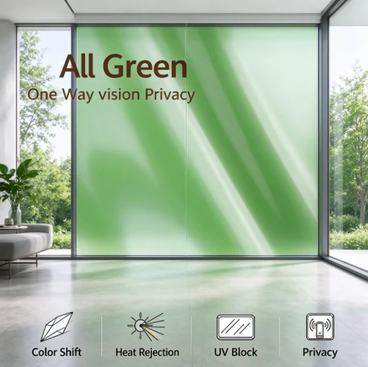 All Green Window Tint Roll PET Material One Way Privacy Heat Rejection Anti Glare Solar Control For Household Automotive Window