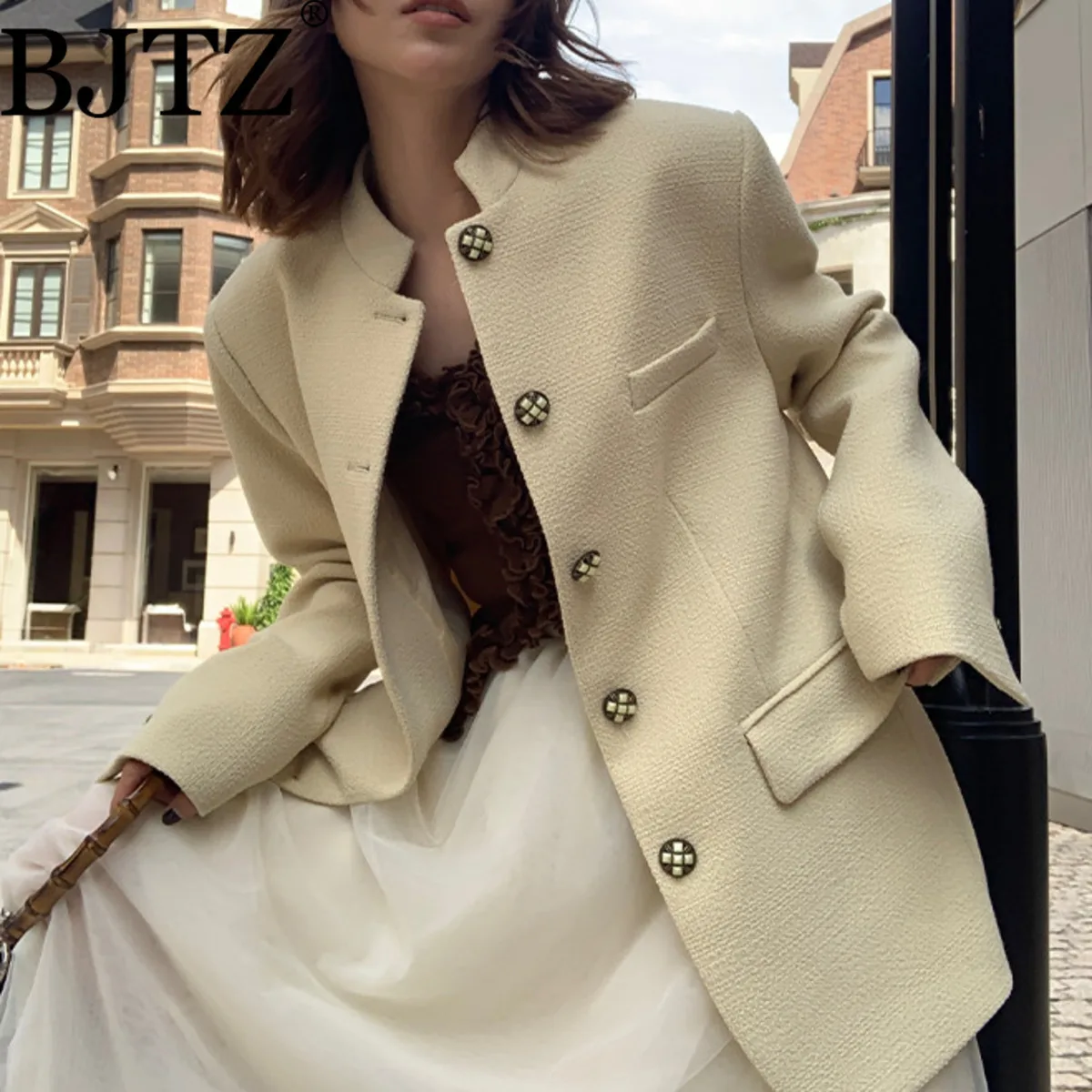 

BJTZ женский новый большой пиджак в китайском стиле, шерстяное пальто с воротником-стойкой, теплая осенне-зимняя дизайнерская верхняя одежда