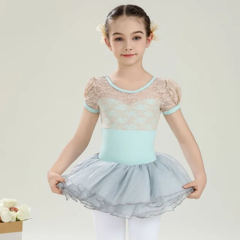 

New Elegant Child Ballet Lace Leotard Short Sleeve Dancewear Bodysuit Girls Gym Dance Costumes Tutu Skirt Sets