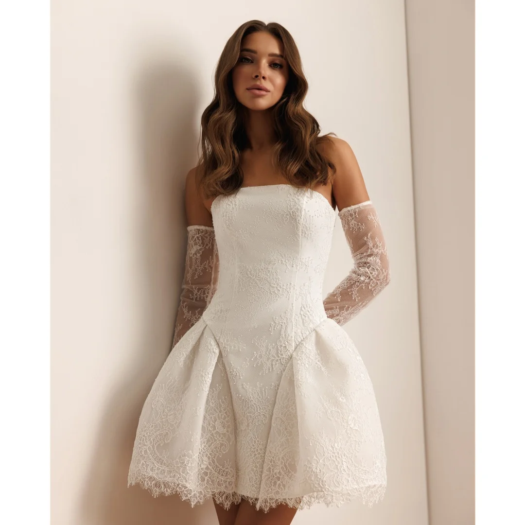 Elegant Lace Wedding Dresses Strapless Bride Short Engagement Party Dress Plus Size Chic Second Reception Gown Customized