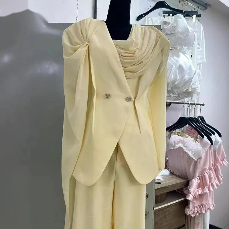 Summer Satin Blazer Suit Set Women's Asymmetric Neckline Heart Button Light Yellow Skirt Two Piece Set New 3AA8Y9