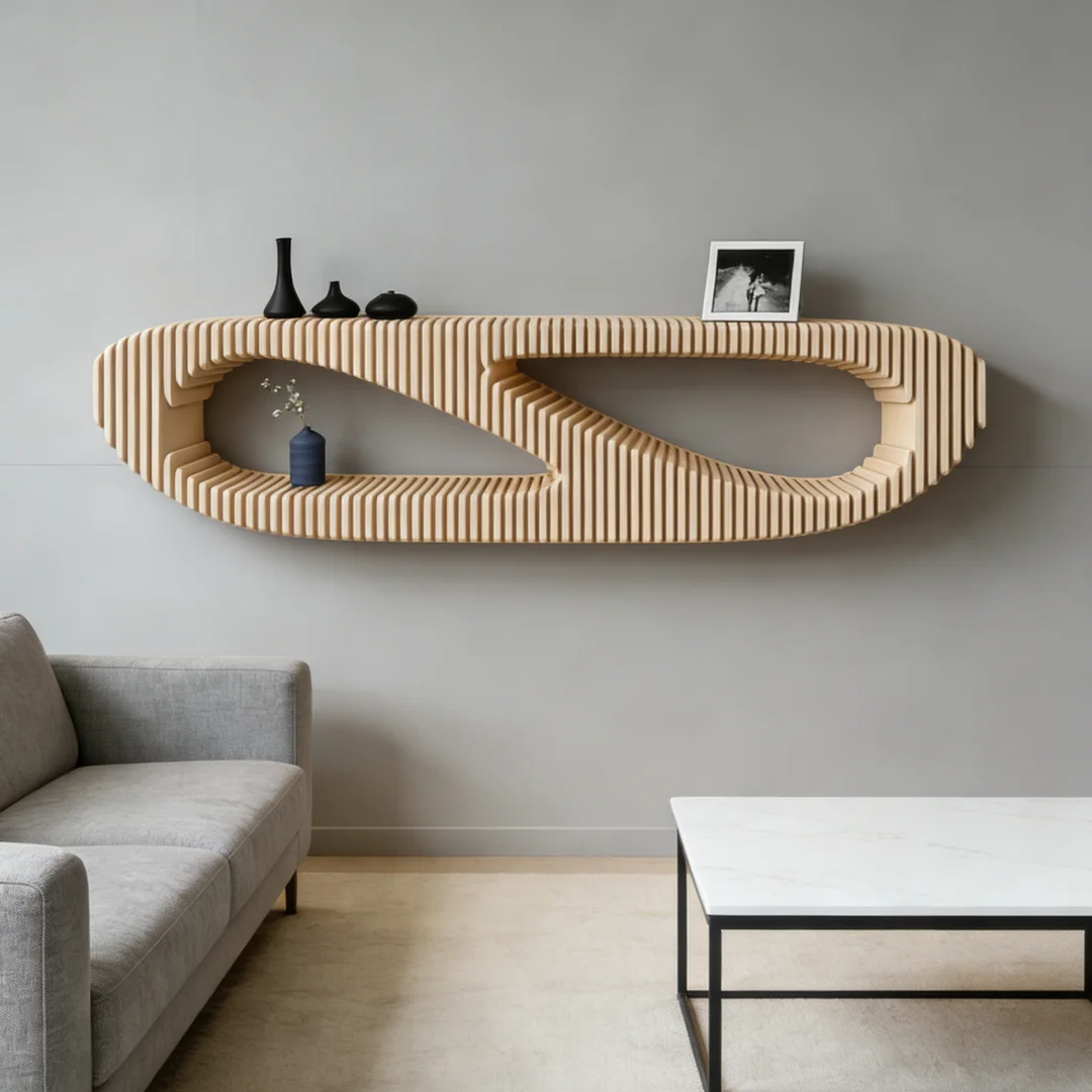！@Wooden Floating Decoration Wall Mounted Curved Storage Display Rack for Bathroom Kitchen Workshop