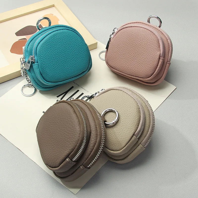 Women Genuine Leather Mini Coin Purse Ladies Double Zipper Small Pouch with Key Ring Portable Daily Travel Wallet for Cash Cards