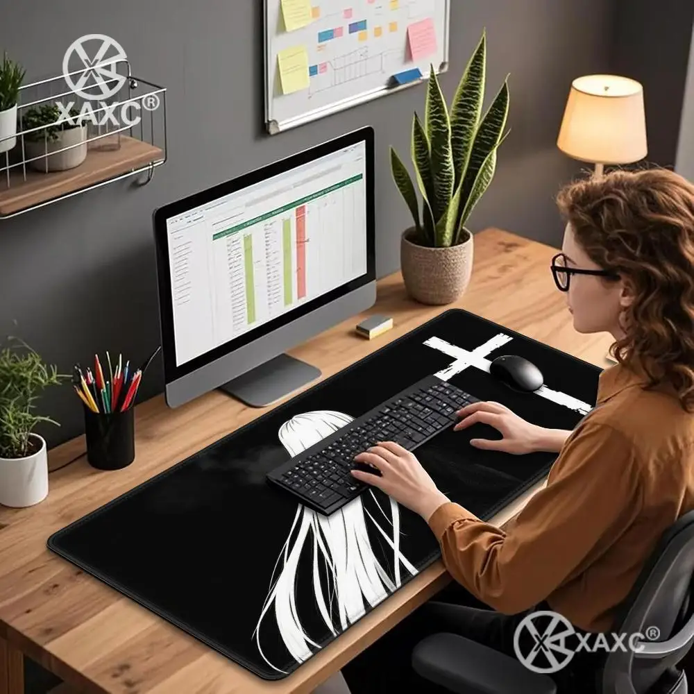A Large Gaming Mouse Pad Featuring an Artistic Design of a White-Haired Character with a Dark Cross Theme HYBXXC