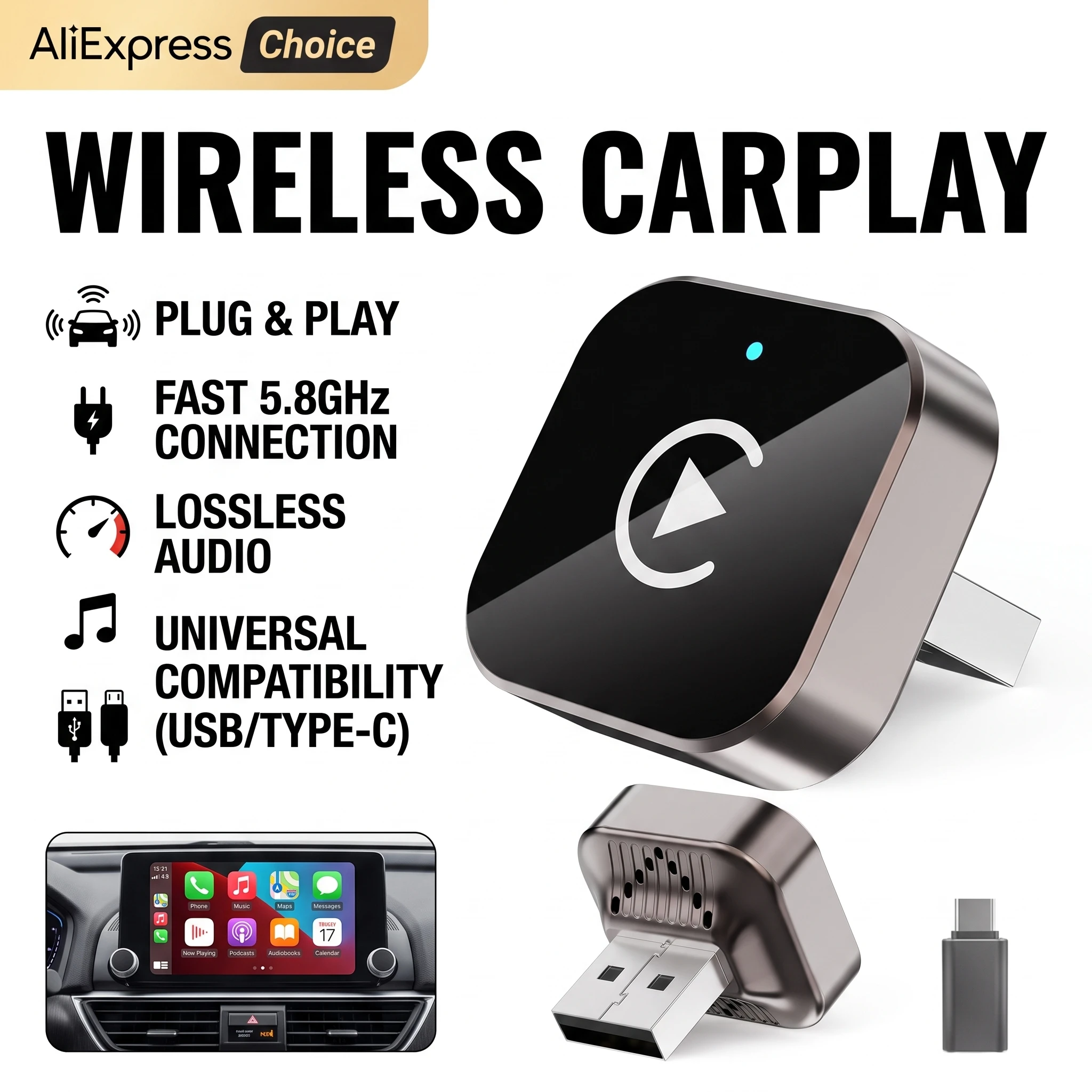 2026 Kowankit Wireless CarPlay Adapter Android Auto 2 in 1 Dongle BT WiFi 5.8G Plug Play Convertor For Toyota Hyundai Ford VW
