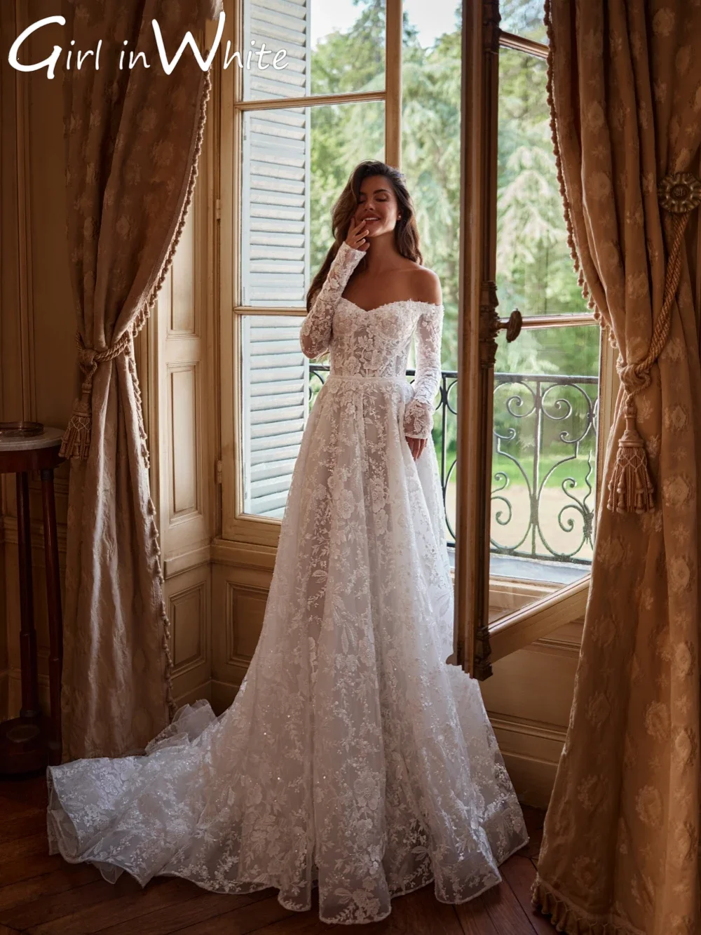 ชุดแต่งงานแบบเปิดไหล่ทรงหวานประดับลูกปัดและผ้าลูกไม้ปักลาย  ชุดเจ้าสาวปี 2025 แบบสั่งตัดเปิดหลังสำหรับเจ้าสาว