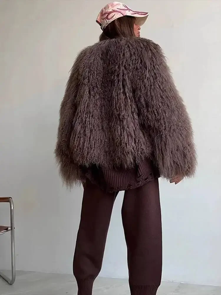Elegant Fashion Brown Faux Fur Coat Women's Round Neck Thickened Thermal Loose Long Sleeves Thick Plush Short Jacket Winter New