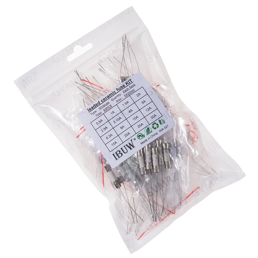 80PCS 4A 16Values 5x20mm Leaded Ceramic Fuse Kit for Electronics Circuit Protection Projects 25A 30A 12A 15A 8A 10A 1A 1.5A 2A
