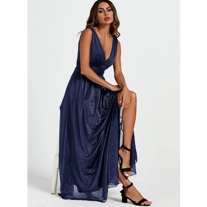 Elegance Of Your Bridal Party With Our Sparkly V Neck Bridesmaid Maxi Dress In Navy Wedding Theme Fashion With Classic Dress