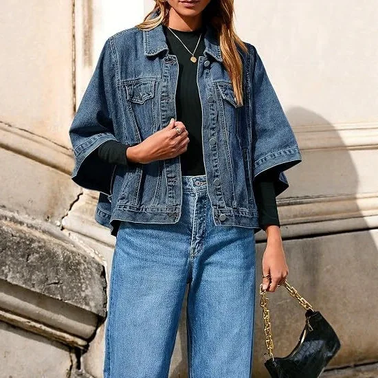 Denim Coat Women Turn Down Collar Jackets Work Casual Jacket Single Breasted Batwing Sleeve Y2k Streetwear Autumn Vintage Washed