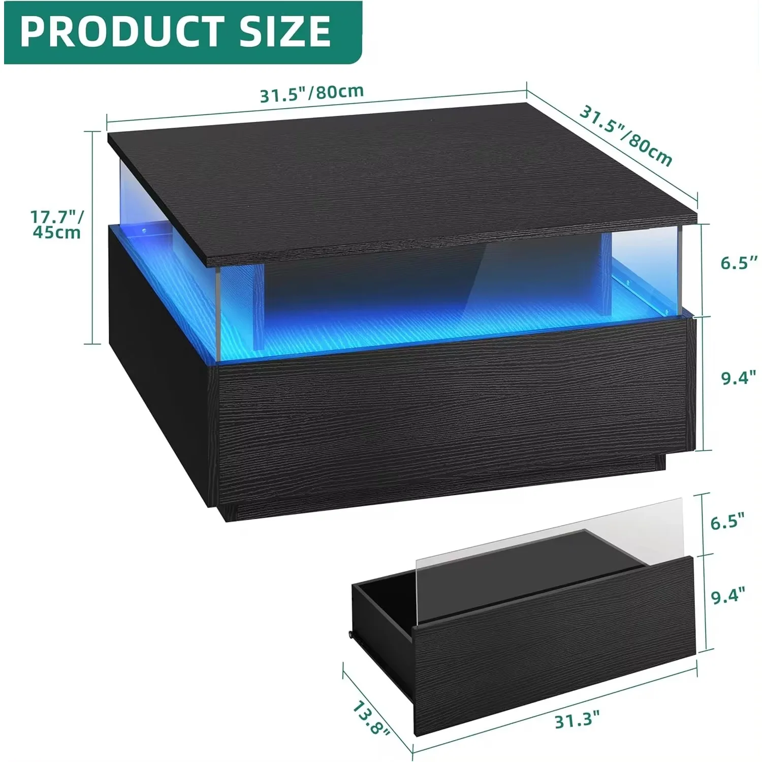 Tables basses avec rangement, table basse carrée avec 2 portes coulissantes de proximité, table moderne avec lumière LED, salon