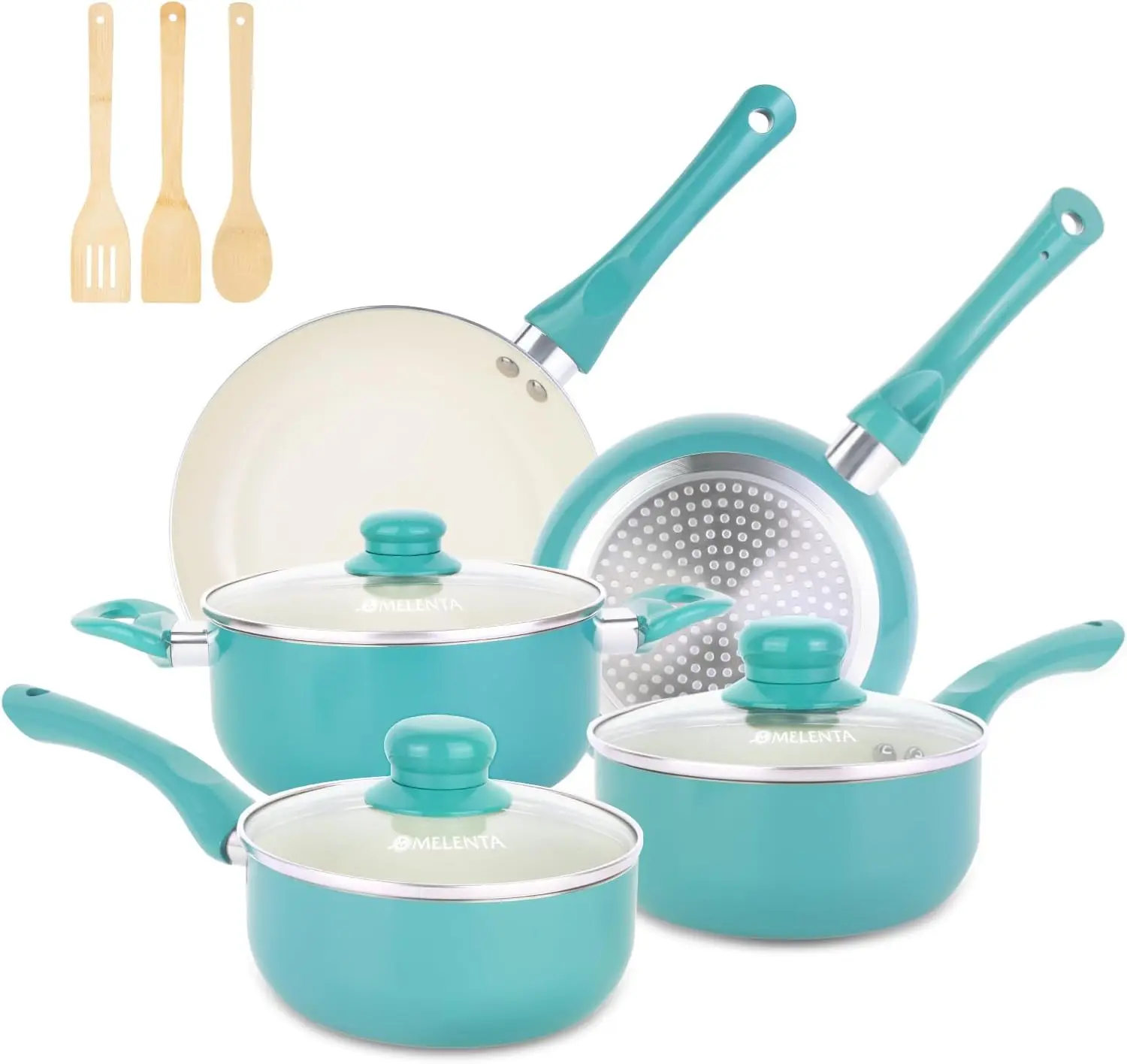 

Induction Cookware, Ceramic Non Stick Cooking Set, Stay Cool Handle & Bamboo Kitchen Utensils, 100% PFOA Free, Turquoise