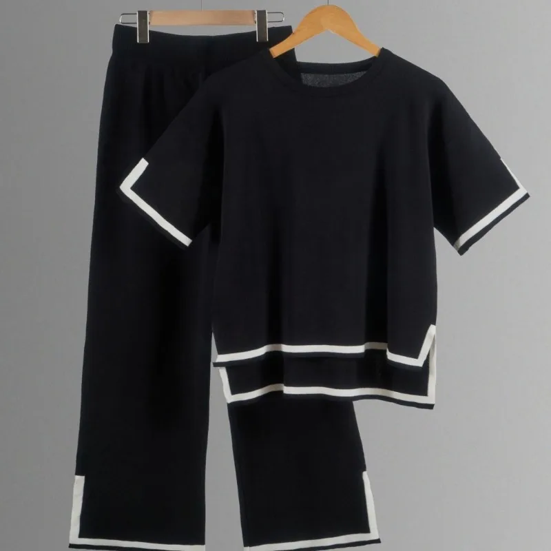 

Casual Loose O-neck Short Sleeve Knitted T-shirt Pullover+Elastic Waist Split Pants 2-piece Sets New Casual Set Woman Clothing