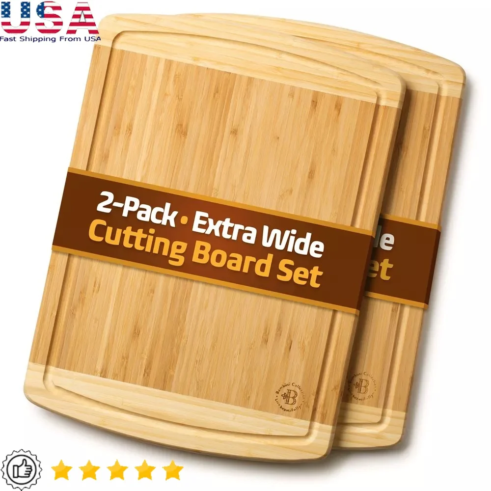 Juego de tablas de cortar de bambú grandes, paquete de 2, bandeja para servir charcutería con ranura para jugo profundo, bloque de cortar de cocina duradero antideslizante