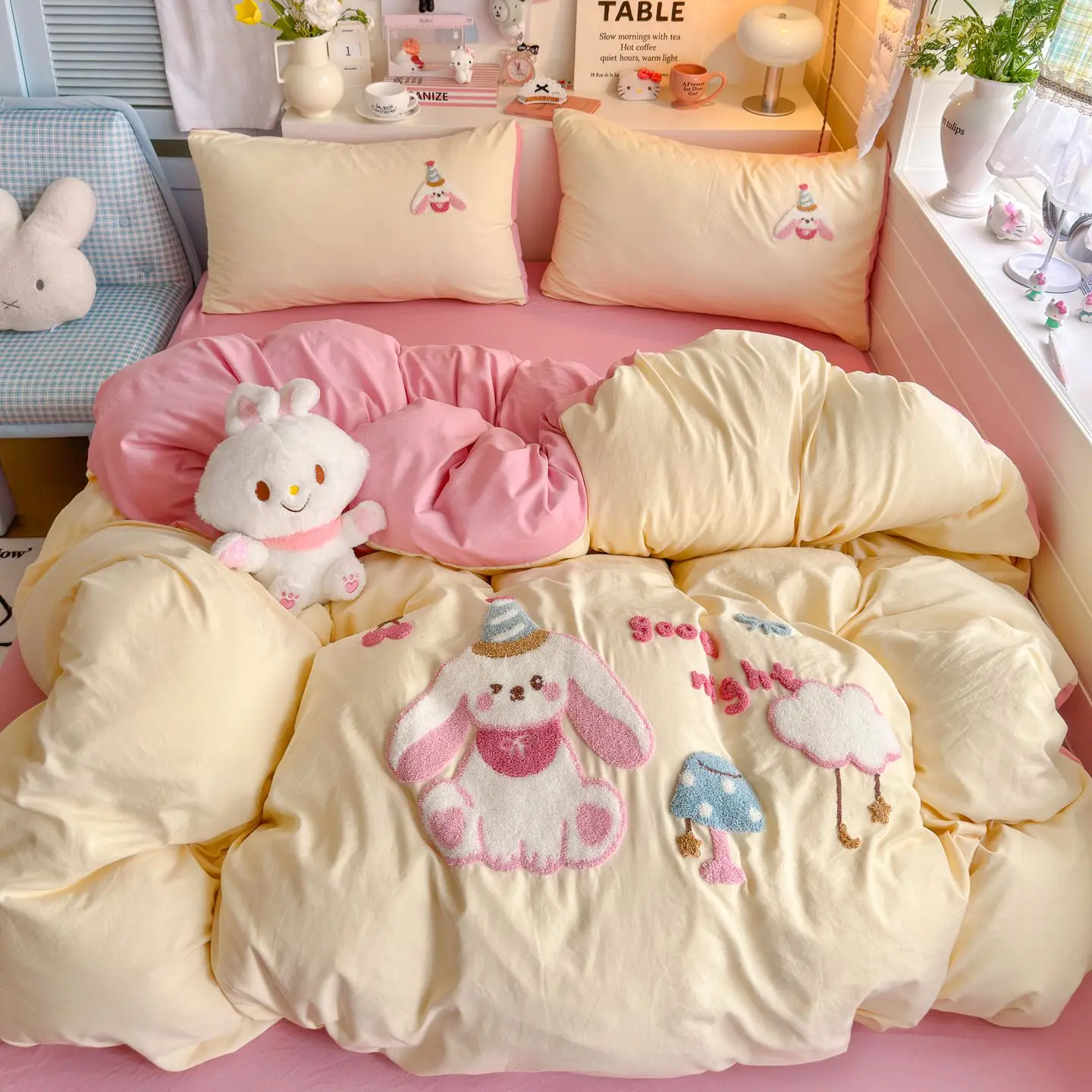 Korean Ins Cream Style Bedding Set Rabbit Embroidery, Skin-friendly Cover Set, Single Queen Size for Bedroom Dormitory Decor