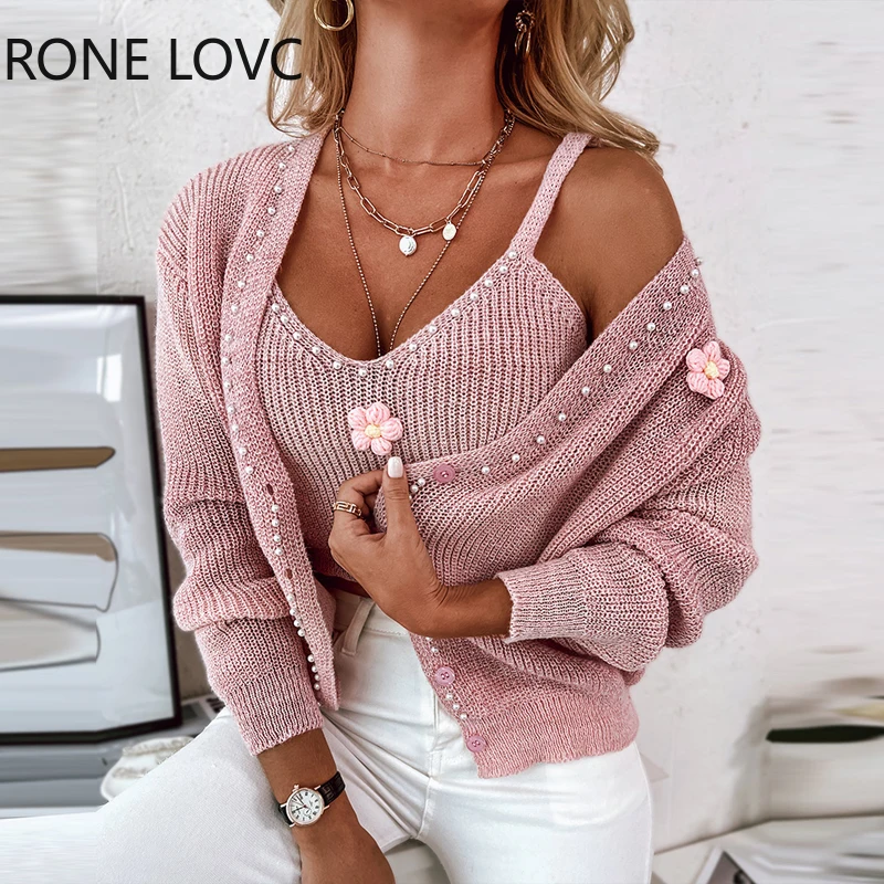 

Women Chic Basics Long Sleeves Knitting Coats Beading Decoration Knitting Top Sets