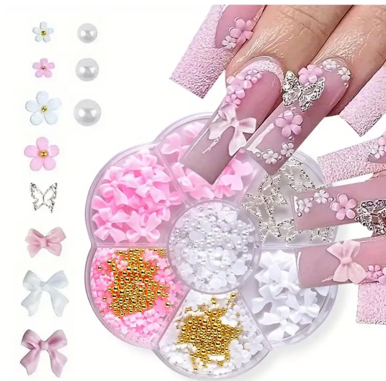 7Gird 3D Pink White Acrylic Flower Butterflies Bows Nail Art Decorations Mix Gold Caviar Beads Pearl Rhinestones DIY Accessories
