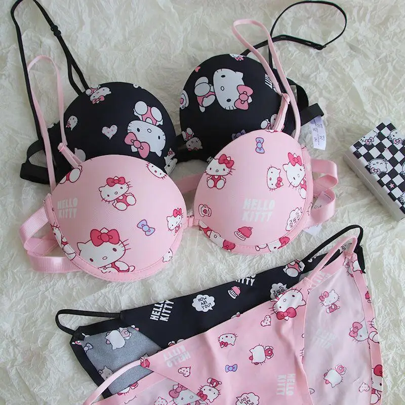 Hot 2Pcs Women Underwear Set Hello Kitty Anime Kawaii Cotton Small Breasts Bra Underpants Student Girl Sweet Comfort Soft Clothe