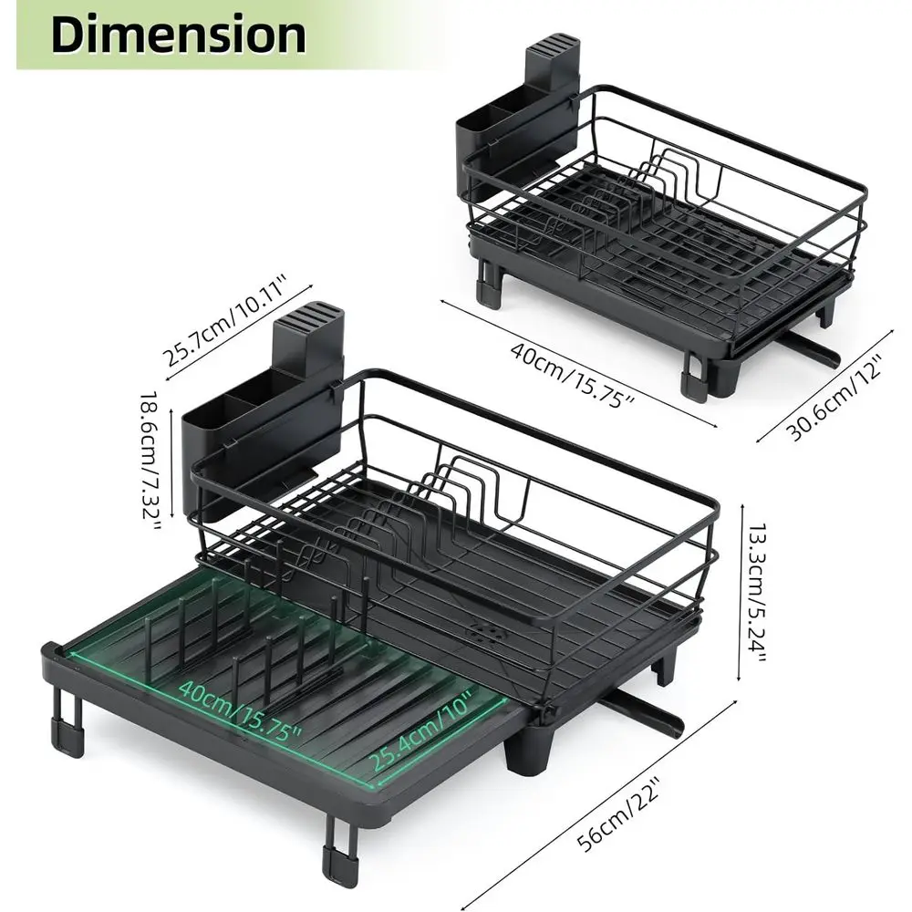 Expandable Dish Drying Rack, Kitchen Counter, Black | Adjustable 12-22W, Large Capacity, Fits Large Plates, Utensil Holder, Idea