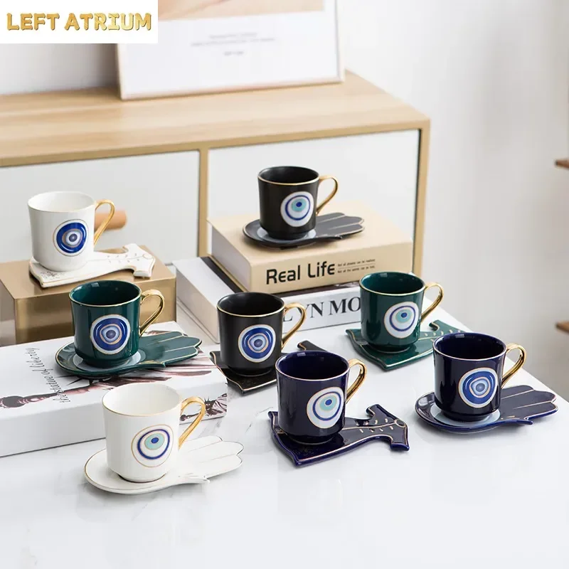 European Style Shaped Eye Porcelain Coffee Cup with Saucer Home Dessert Tea Cup Couple Gift Mug Office Drinking Water Coffee Mug
