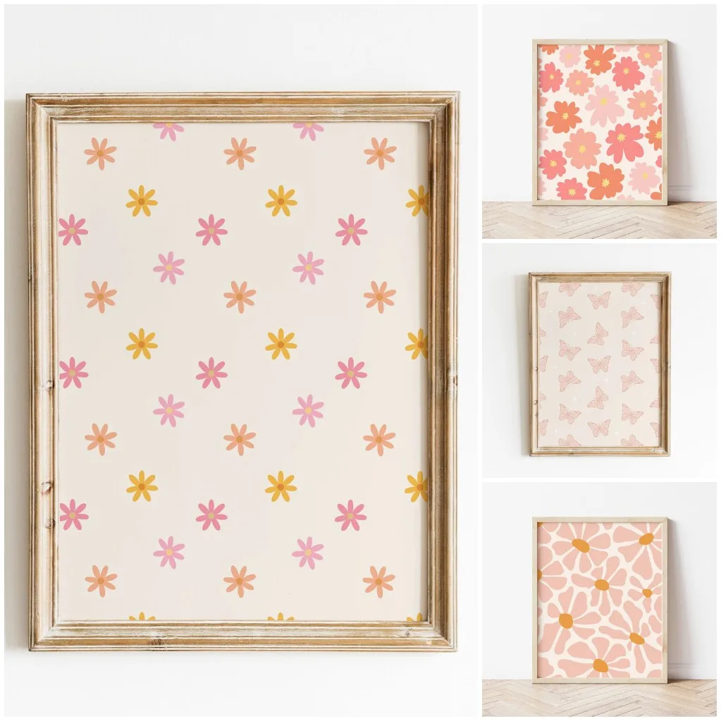 Pink Groovy Boho Spring Flowers Canvas Print Checkered Palms Butterfly Pattern Poster Decorations for Wall Art