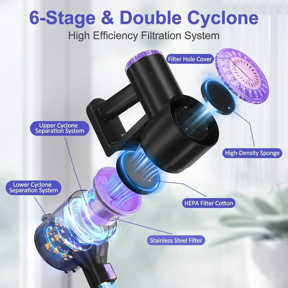 무선 진공 청소기, 셀프 스탠딩 진공 청소기, 180 ° 접이식 막대, 충전식 무선 진공 청소기, 6 in 1 (보라색)