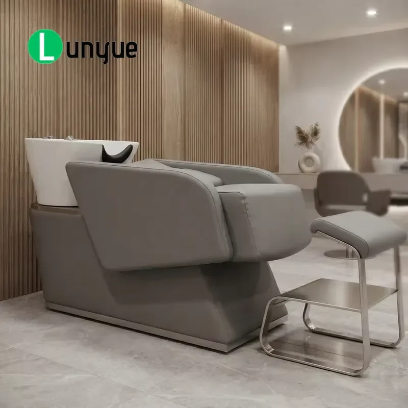 Modern Luxury Shampoo Chair with Ceramic Basin Stainless Steel Footstool Hair Washing Bed for Beauty Spa Barber Shop