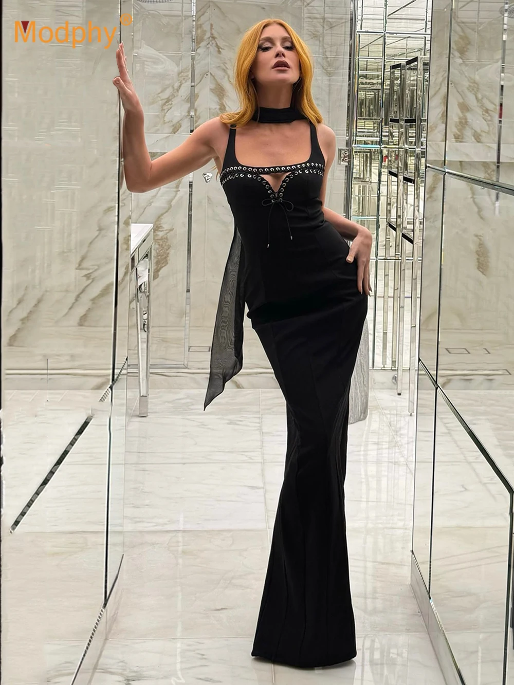 

Modphy Women'S Black Corns Lace Up Design High Waisted Slim Long Dress With Ribbon Sleeveless Hollow Out Sexy Party Festival