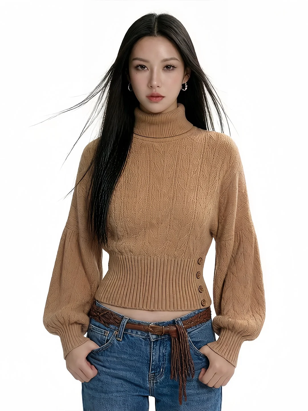 

Slim Fit Knitted Sweater Coat Women's Retro Button Elastic Waist High Collar Batwing Sve Knitwear Cotton Polyester Blend
