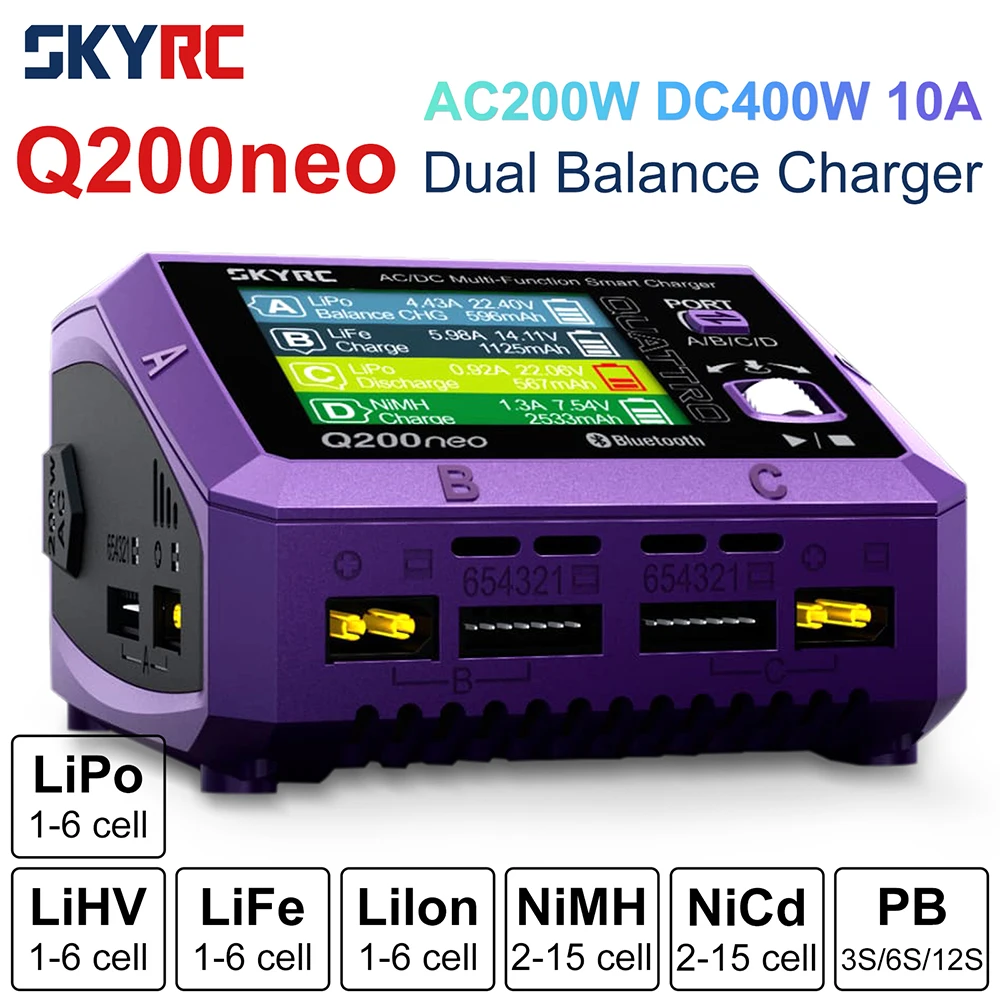 SkyRC Q200neo Lipo Battery Balance Charger Discharger AC200W DC400W 10A for 1-6S LiPo Li-ion Life LiHV 2-15s NiCd NiMH PB