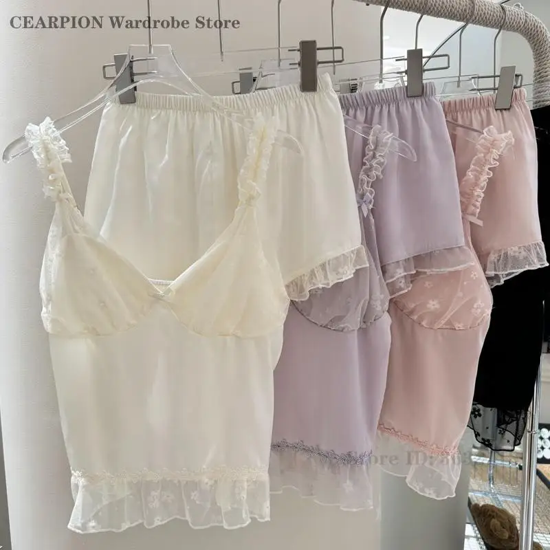 

Sexy Cami&Shorts Pajamas Set Lace Patchwork Strap Top Pijama Mujer Summer New Sleepwear Women's Silky Satin Nightwear Loungewear