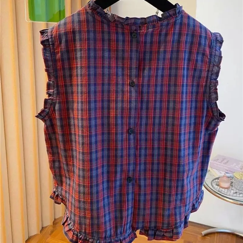 

Original Fabric Extra Large Size 300 Pounds 2025 Spring and Summer New Women's Clothing Summer Red Checkered Sleeveless Vest Top