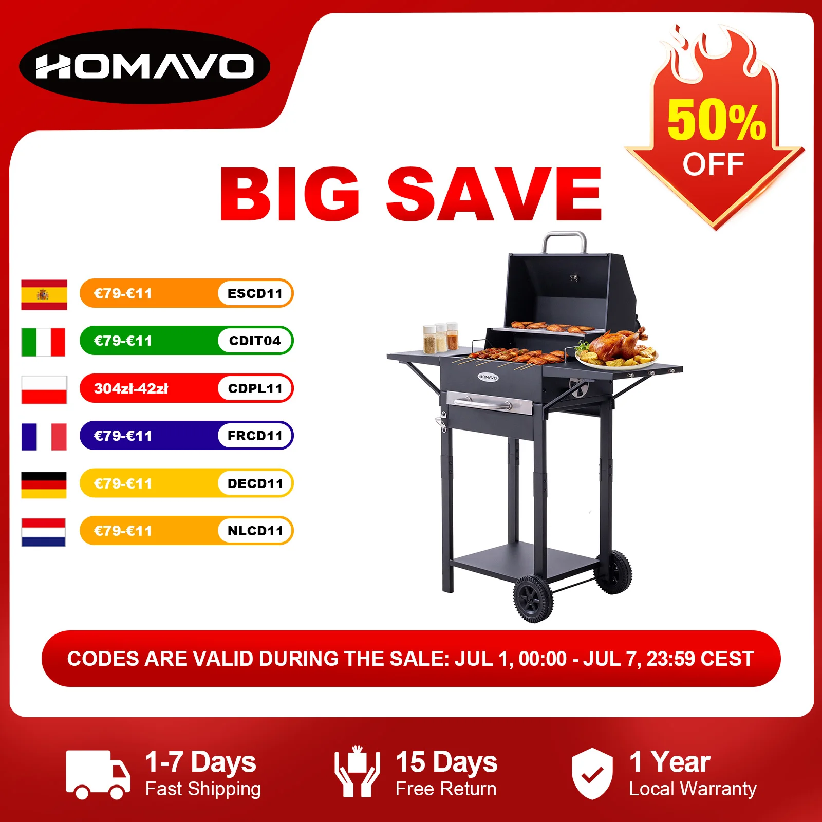 HOMAVO houtskoolbarbecue, geëmailleerd hoofdrooster, met warmhoudrooster/ thermometer/ schoorsteen/ zijtafel/ wielen, inclusief beschermhoes en flesopener + haken + montageset