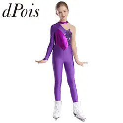 Teens Long Sleeve Figure Skating Bodysuit for Girls Kids Metallic Patchwork Printed Rhythmic Gymnastics Jumpsuit Dance Leotard