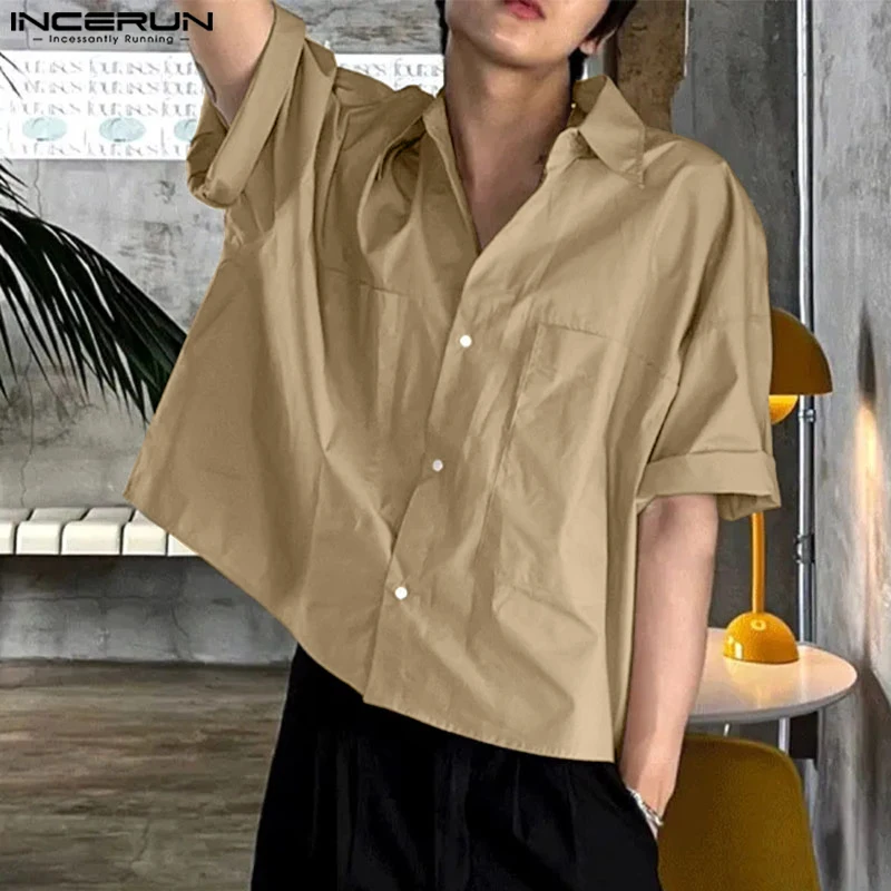 INCERUN Tops 2024 Korean Style Men\'s Fashion Simple Cropped Blouse Casual Streetwear Male Solid Short Sleeved Lapel Shirts S-5XL