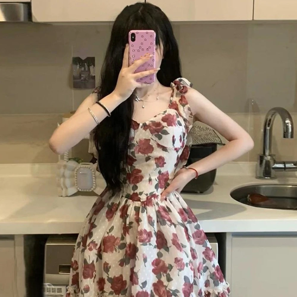 

French Style Rose Floral Dress Women Skirt Ruffle Mini Sleeveless Dress A-line Sweet Sling Strap Sundress Party