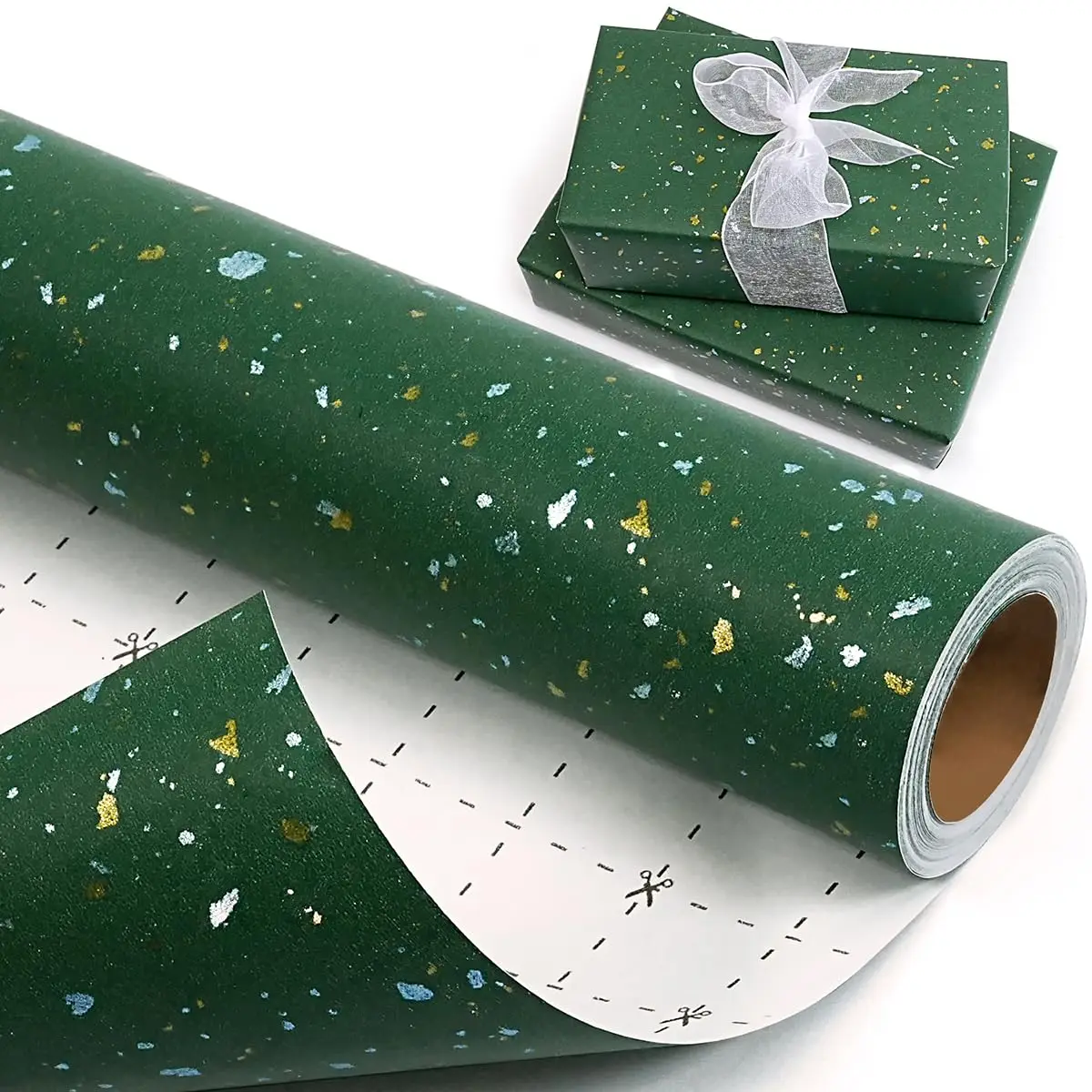 Rollo de papel para envolver regalos, 1 rollo de 17 pulgadas x 120 pulgadas, diseño de lámina dorada verde para vacaciones, cumpleaños, bodas, fiestas