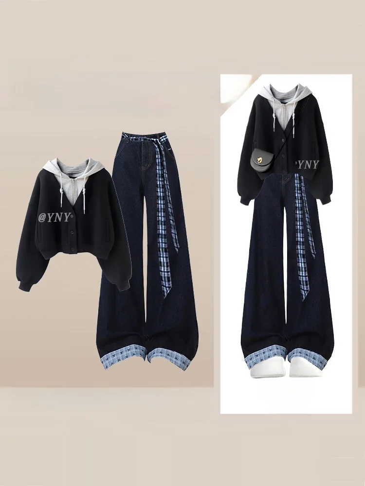 

Loose Fitted Hoodie Women's Style Autumn Winter Fashion Set with High Waist Wide Leg Jeans Color Block Design Korean Style