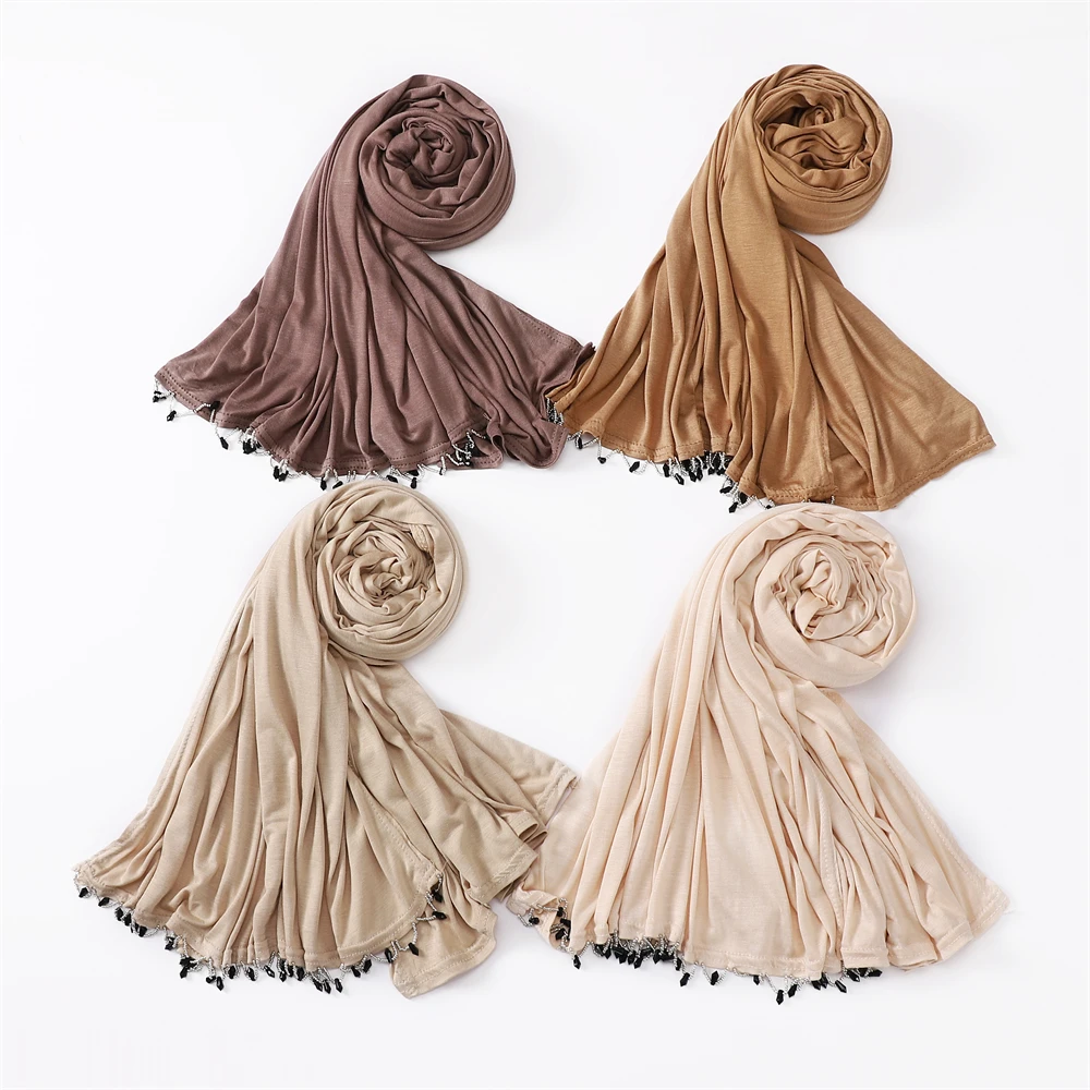 Fashion Modal Cotton Jersey Hijab Scarf with Handmade Beaded Long Muslim Shawl Plain Soft Turban Tie Head Wraps For Women 10pcs