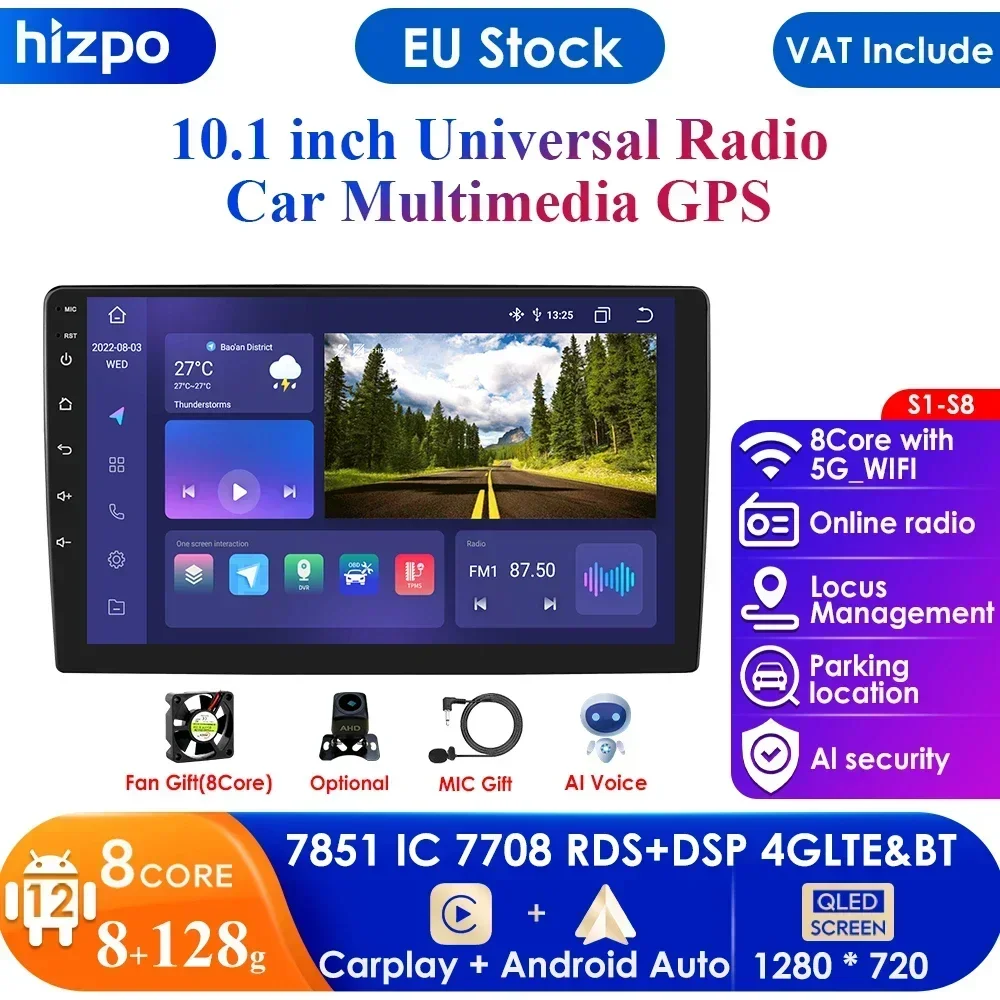 Android 13 Universal Car Stereo Bluetooth Hands-Free 10.1Inch HD Touch Screen 8+128 HeadUnit 4GLTE Wifi SWC MirrorLink Autoradio