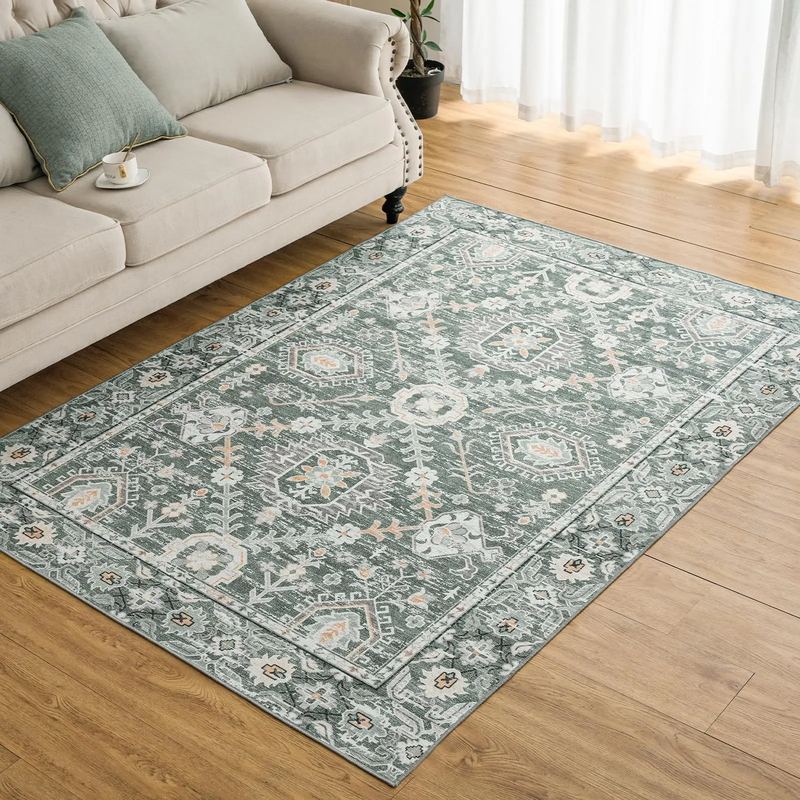 

Washable Rugs,Machine Washable Area Rugs in Vintage Design Anti Slip Backing Washable Rug for Living Room, Bedroom, Home Decor