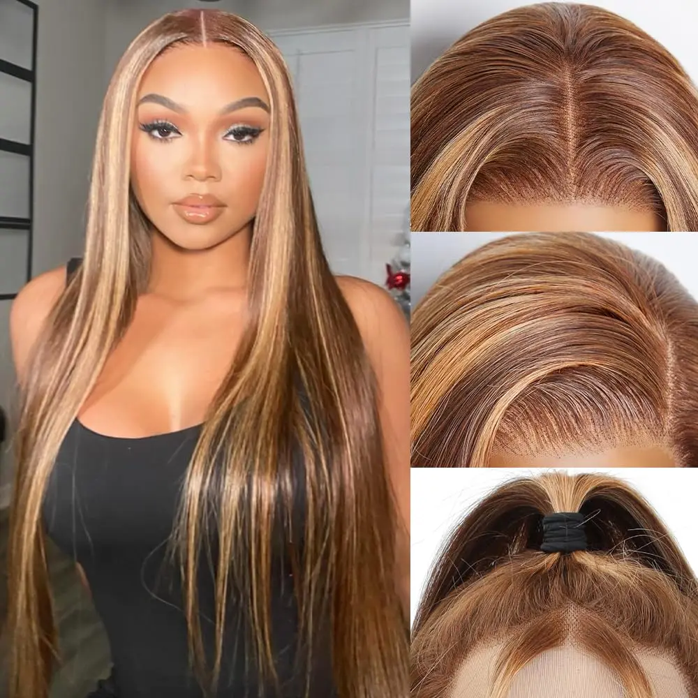 

30-дюймовый Ombre Highlight Lace Front Wigs 13x6 Прямые парики фронта шнурка Прозрачный предварительно сорванный бесклеевой парик медового блонда для женщин