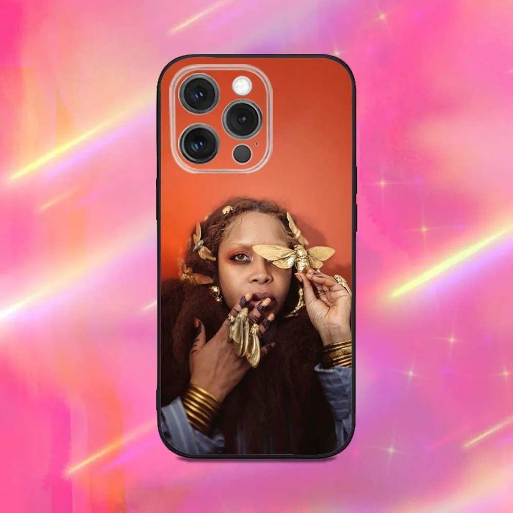 حافظة هاتف E-Erykah Badu Singer لهاتف iPhone 16,15,14,13,12,11,Pro,Max,Plus,X,XS,XR,SE,8,7,Mini,Soft Silicone Black Case
